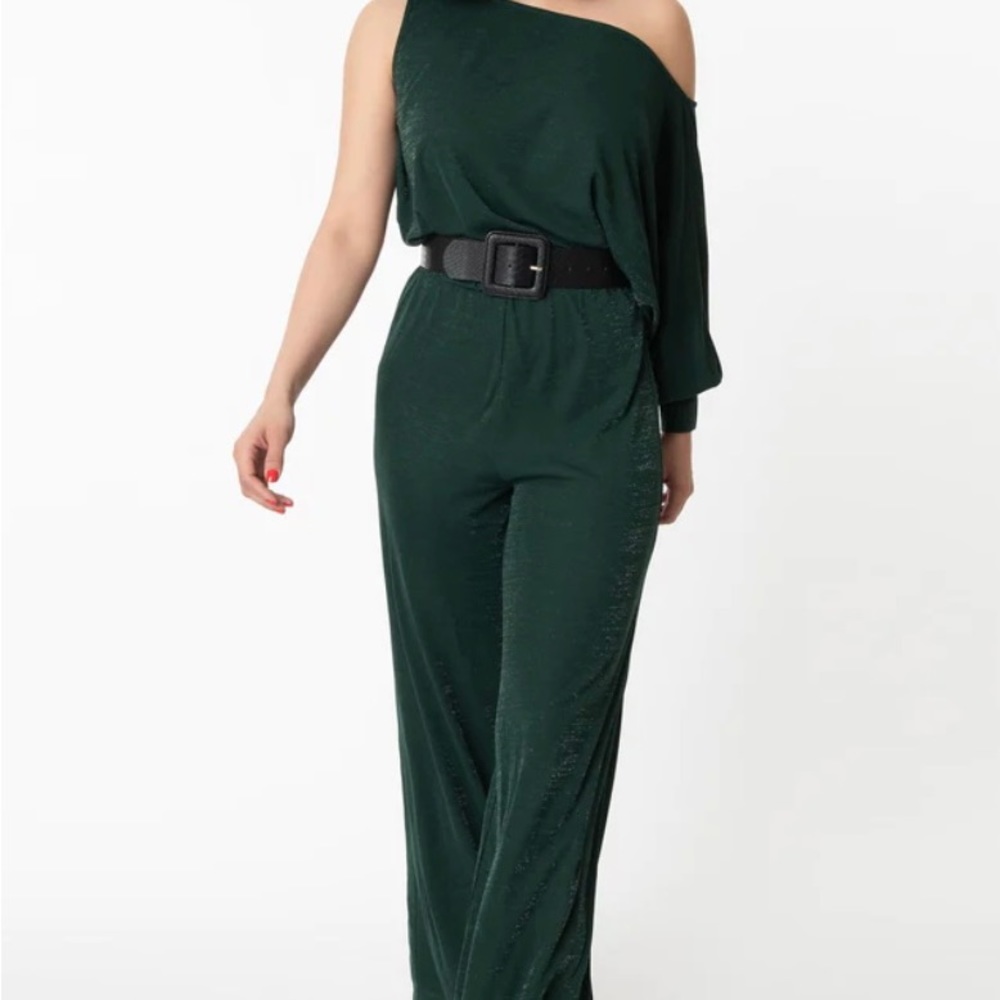 NWT Unique Vintage Emerald Sparkle One Sleeve Yvonne Jumpsuit